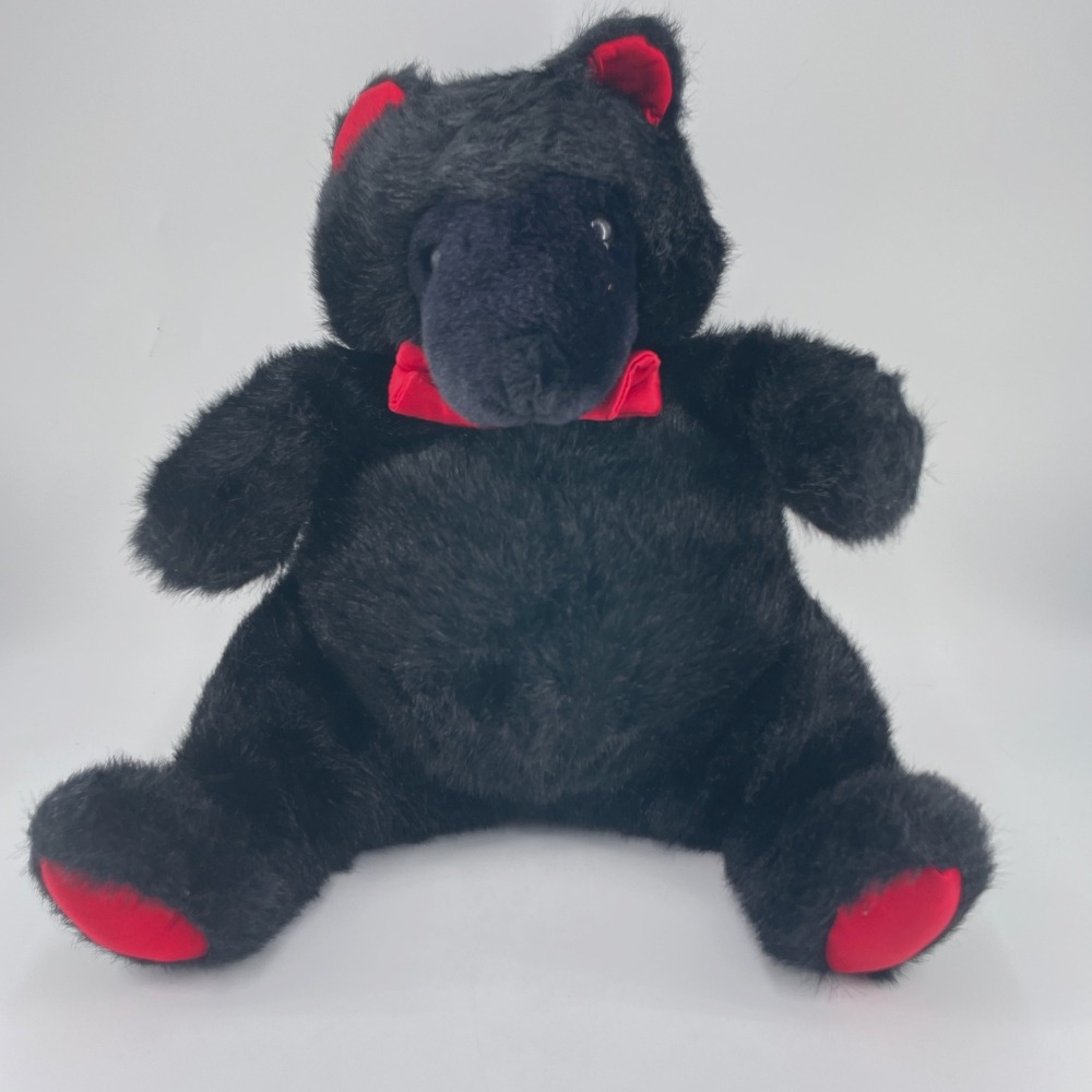 Chosun Vintage Jet Black Teddy Bear Red Satin Tie Paws Ears Plush Huggable Toy